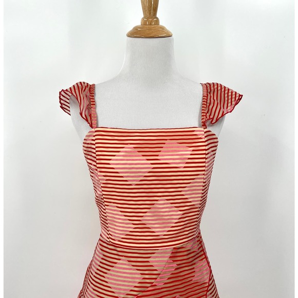 ALICE + OLIVIA Angelita Dress Women 4 Red Pink Sheer Stripe Ruffle Layered Party - Picture 4 of 16